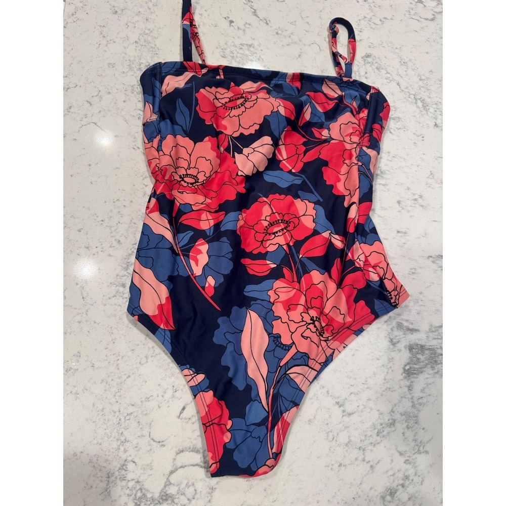 Kona Sol Women Floral Square Neck One Piece Swimsuit Navy Blue Pink‎ Small
